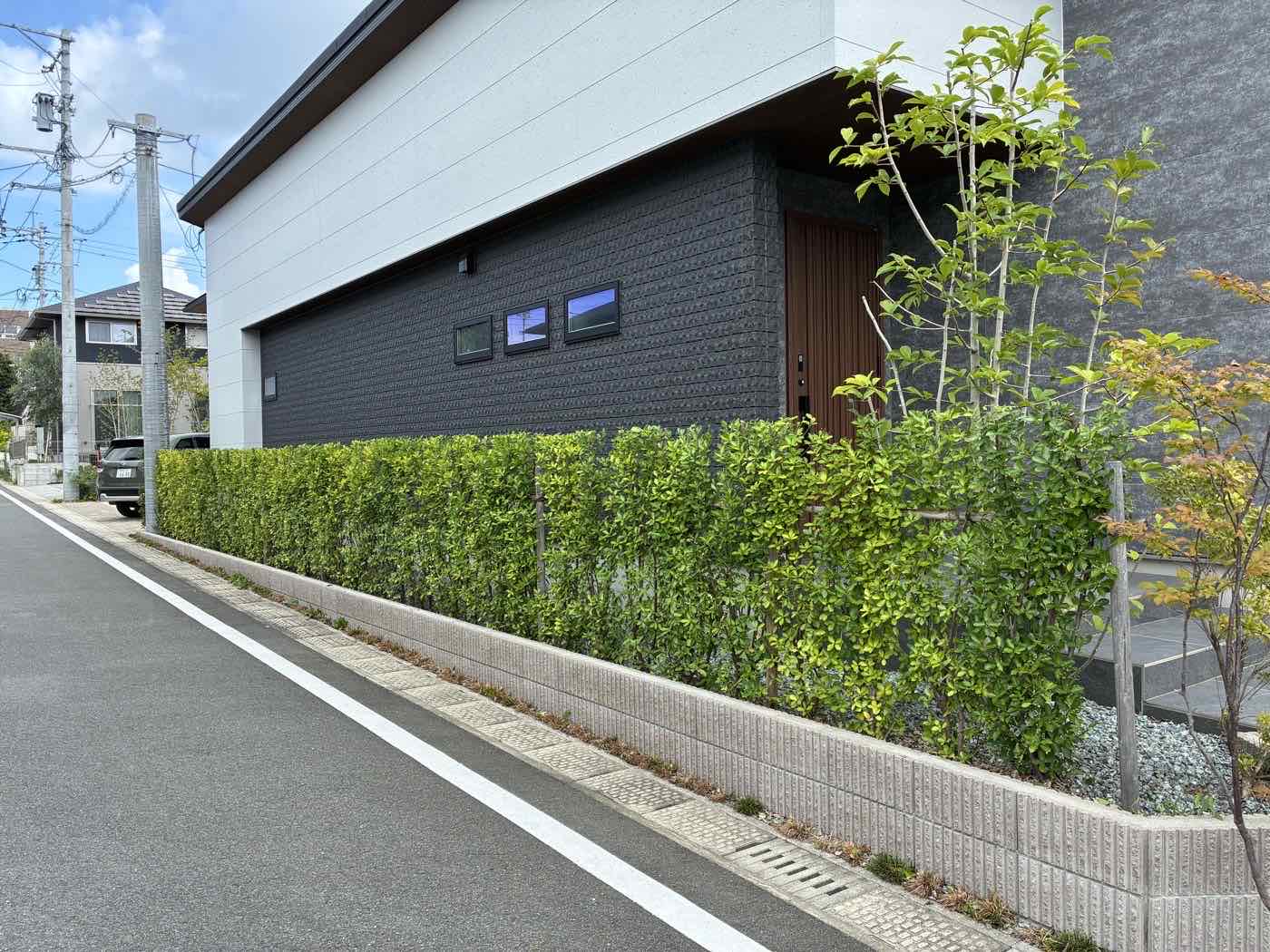 道路沿いの生垣がきれいに刈り込まれた住宅